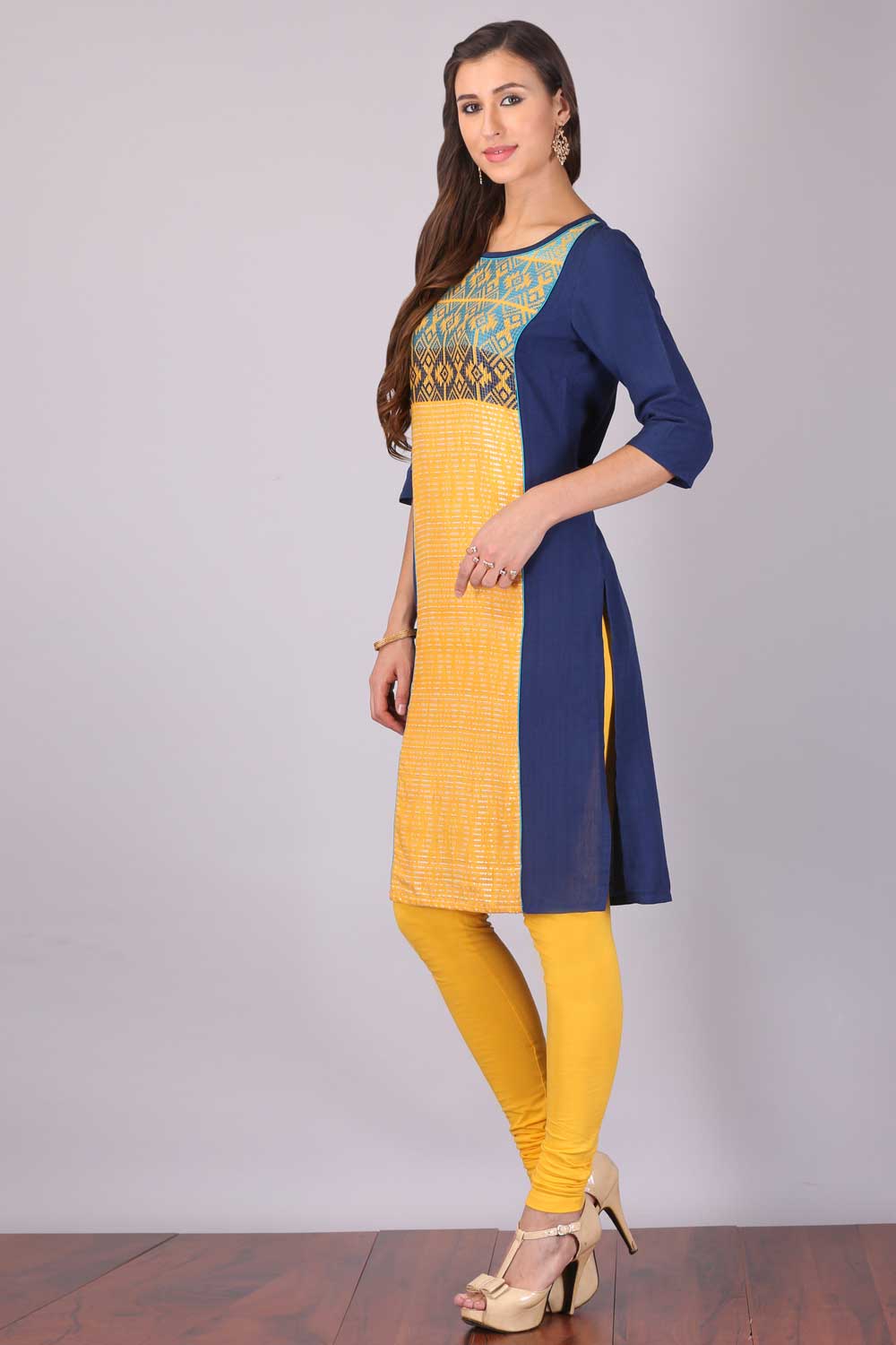 Yellow &amp; Navy Blue Color Blocked Printed kurta