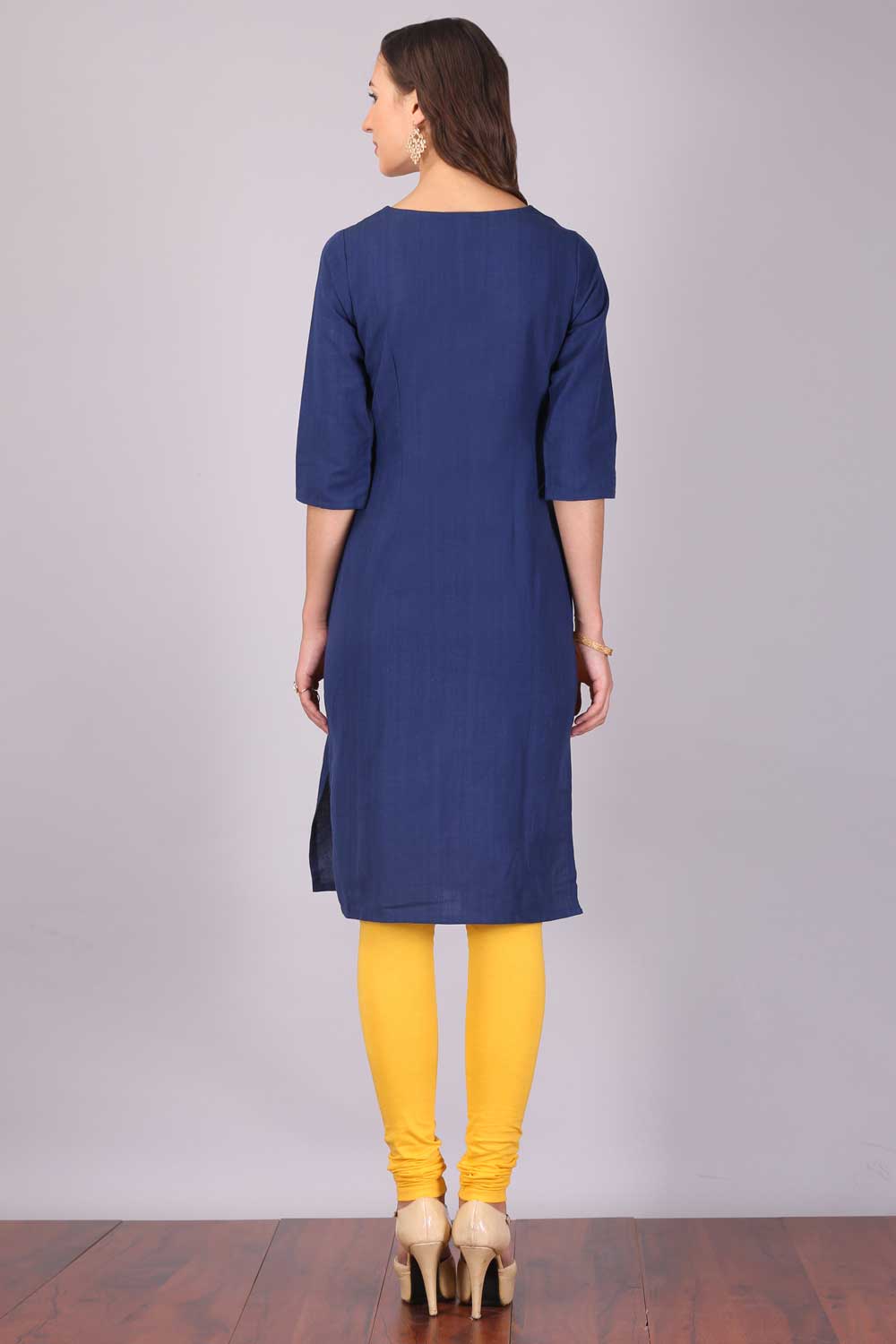 Yellow &amp; Navy Blue Color Blocked Printed kurta