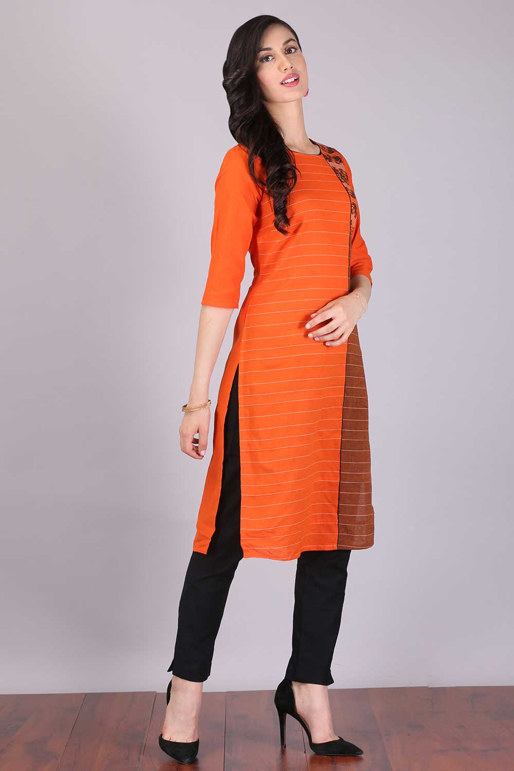 Orange 3/4 Sleeve Printed kurta