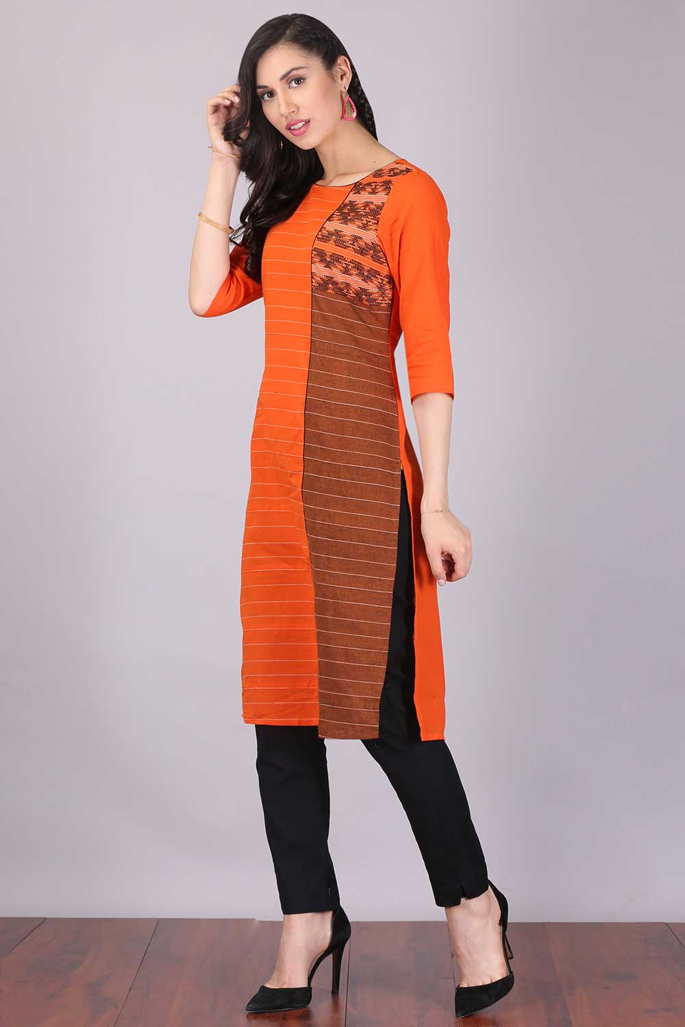 Orange 3/4 Sleeve Printed kurta