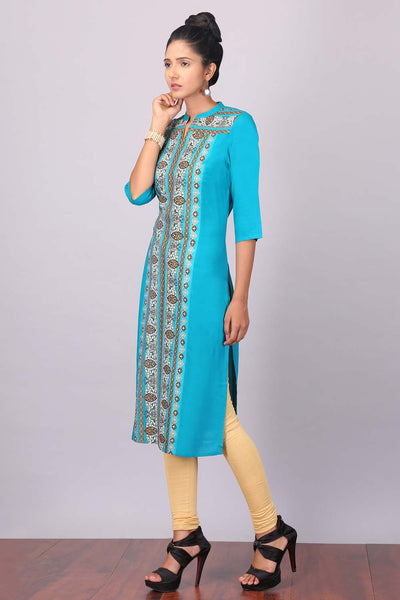 Blue Printed Mandarin Neck kurta