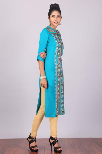 Blue Printed Mandarin Neck kurta