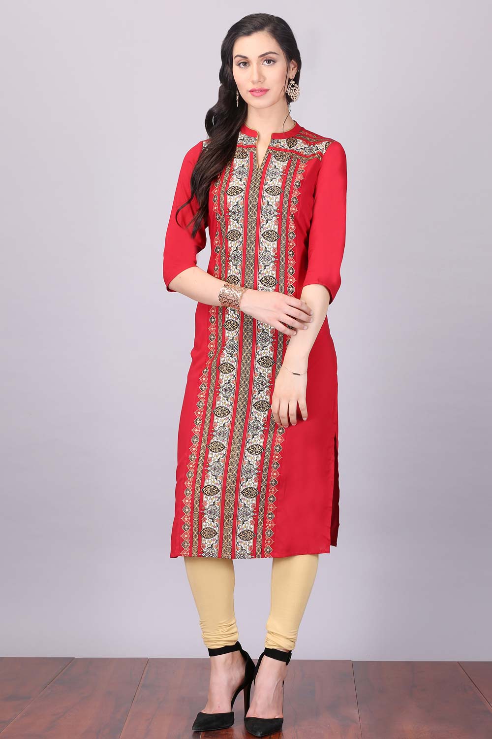 Red Printed Mandarin Neck kurta