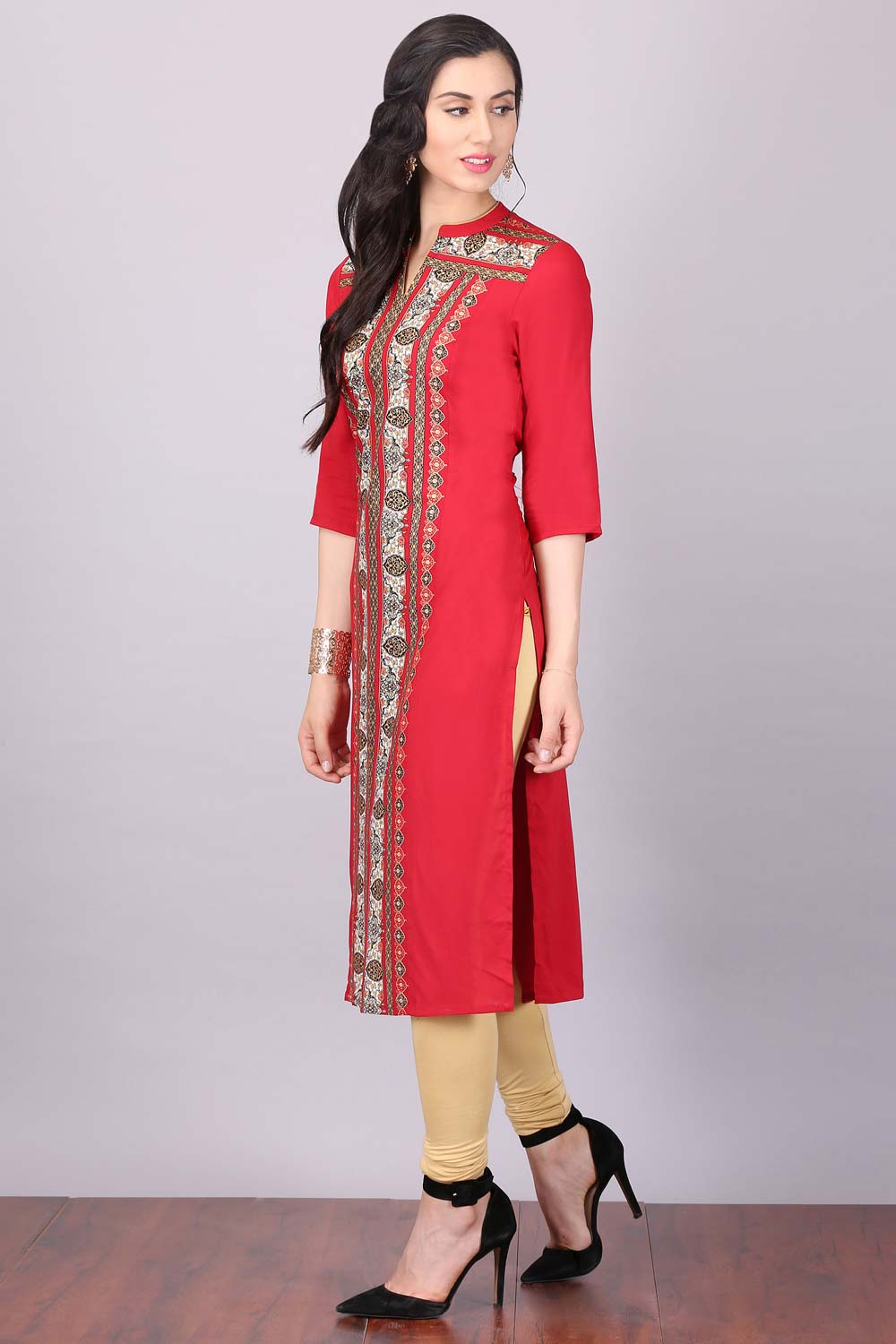 Red Printed Mandarin Neck kurta