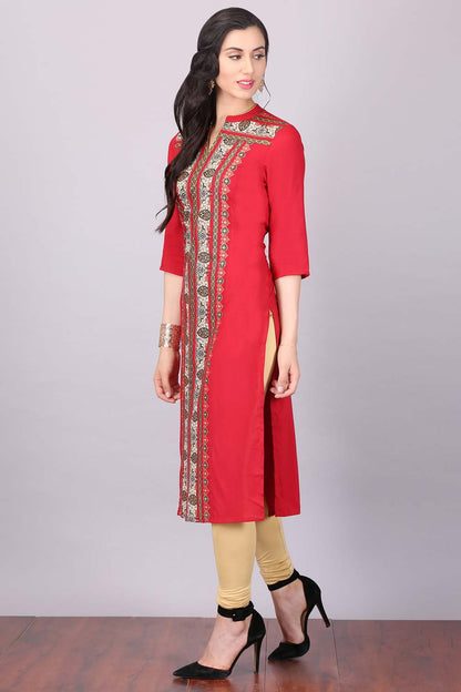 Red Printed Mandarin Neck kurta