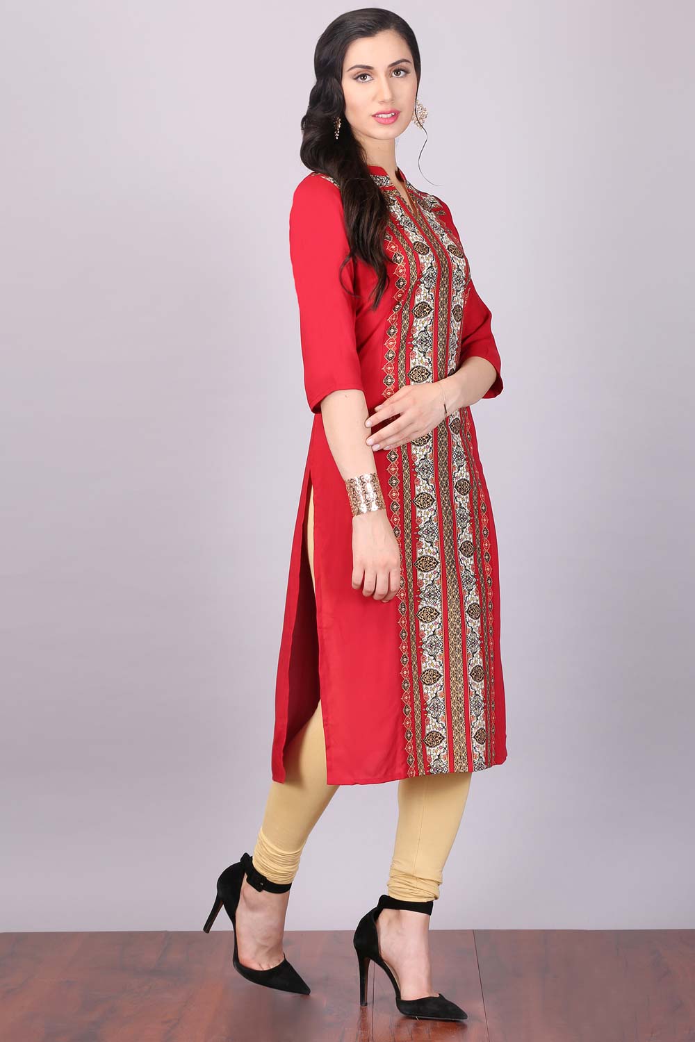 Red Printed Mandarin Neck kurta