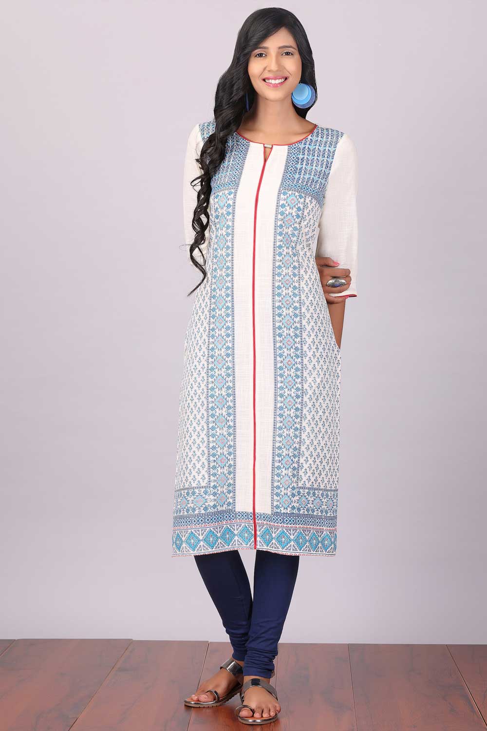 White Printed 3/4 Sleeve kurta