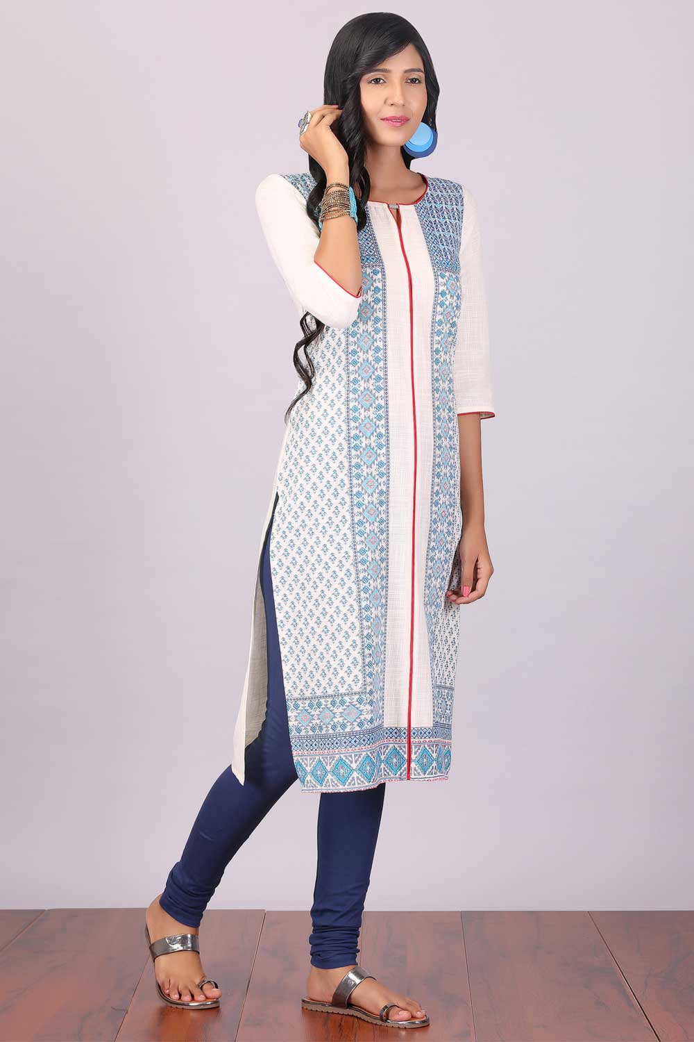 White Printed 3/4 Sleeve kurta