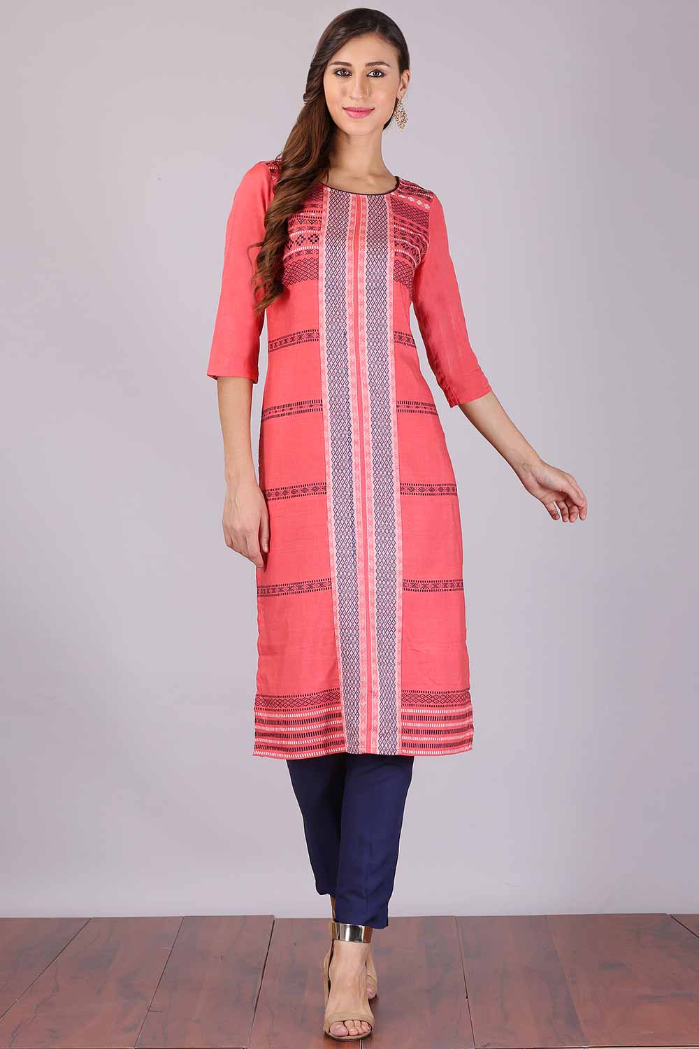 Peach Round Neck Printed kurta