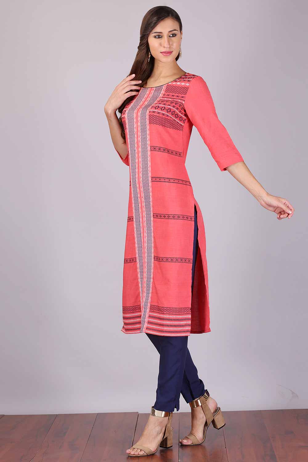 Peach Round Neck Printed kurta