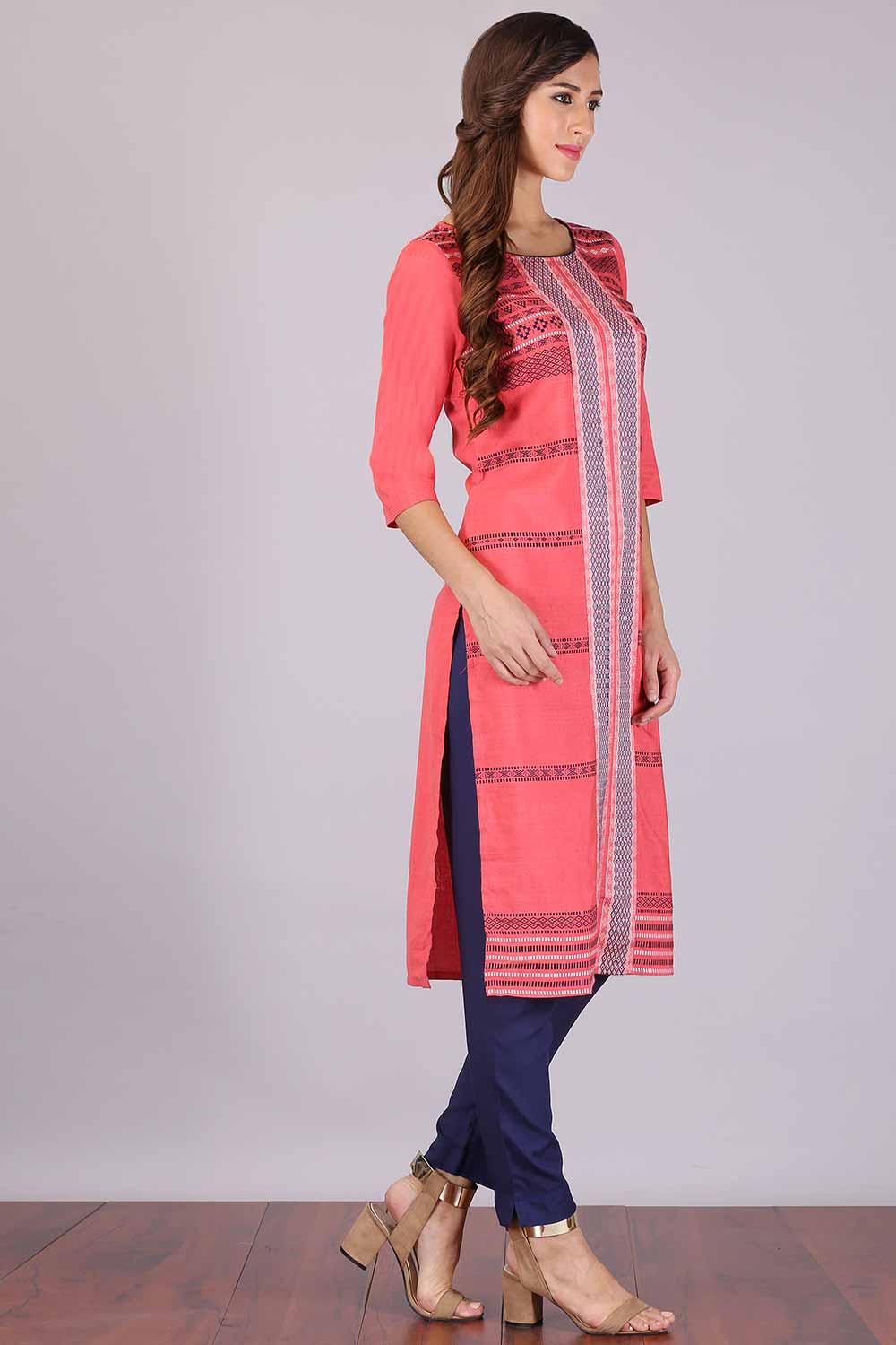 Peach Round Neck Printed kurta