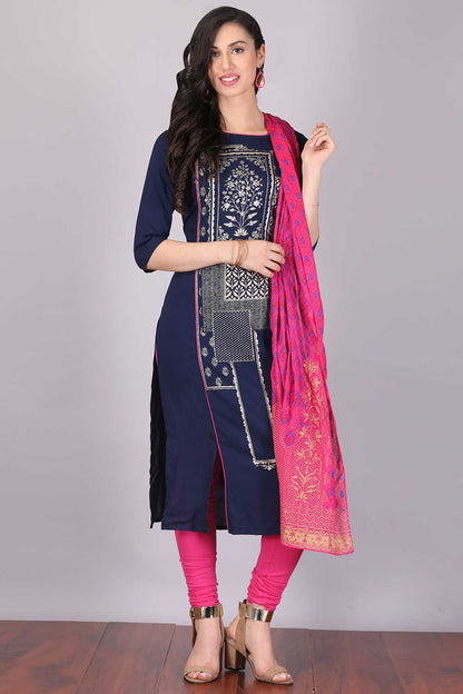 Navy Blue Boat Neck Printed kurta