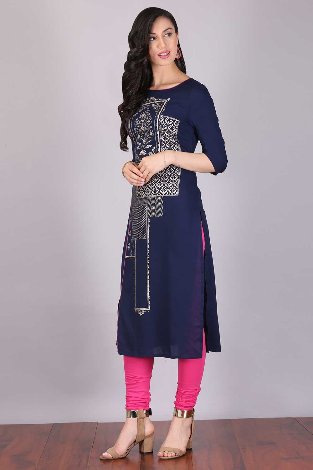 Navy Blue Boat Neck Printed kurta