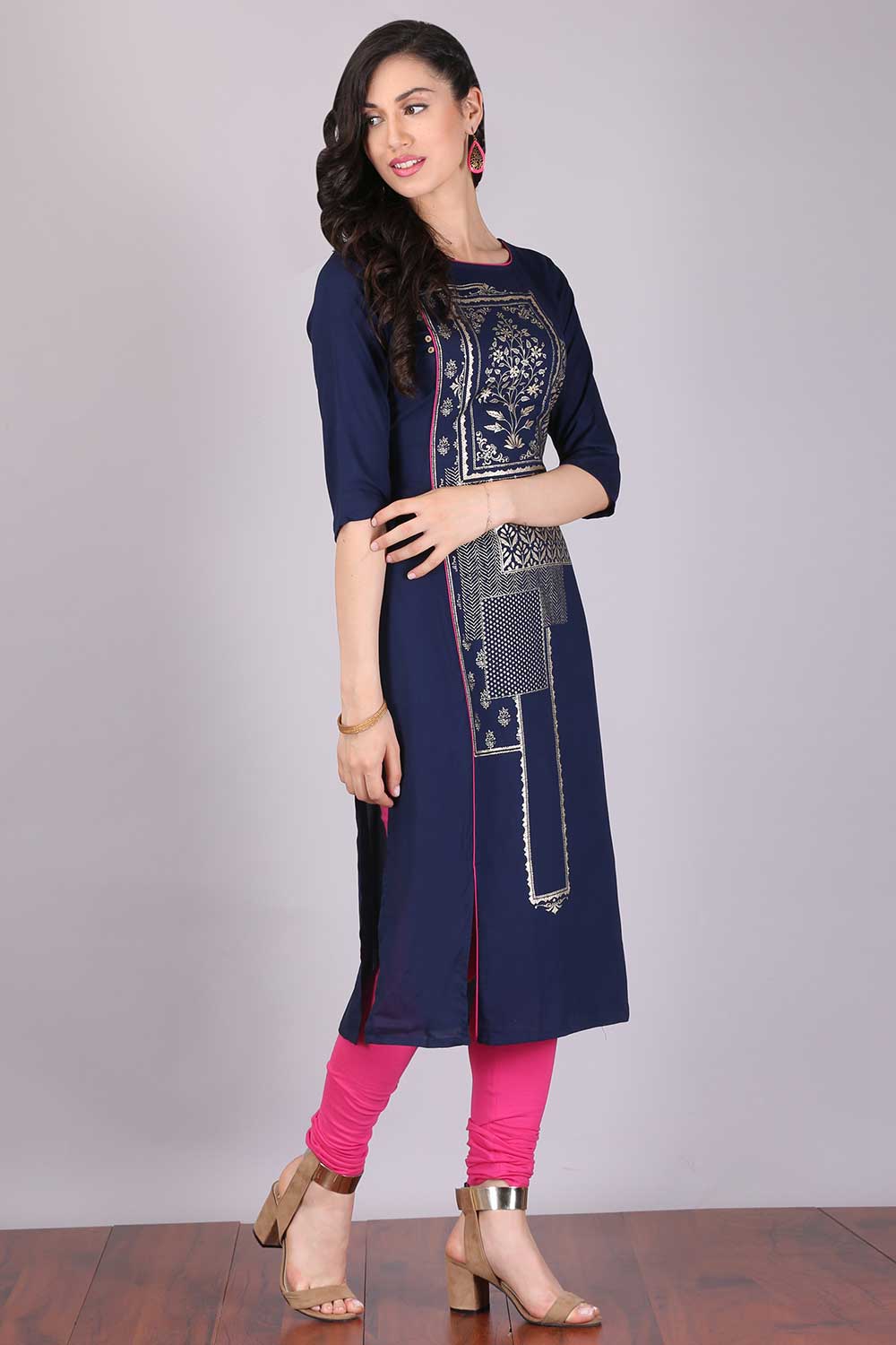 Navy Blue Boat Neck Printed kurta