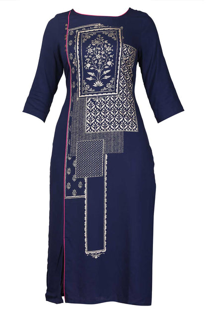 Navy Blue Boat Neck Printed kurta