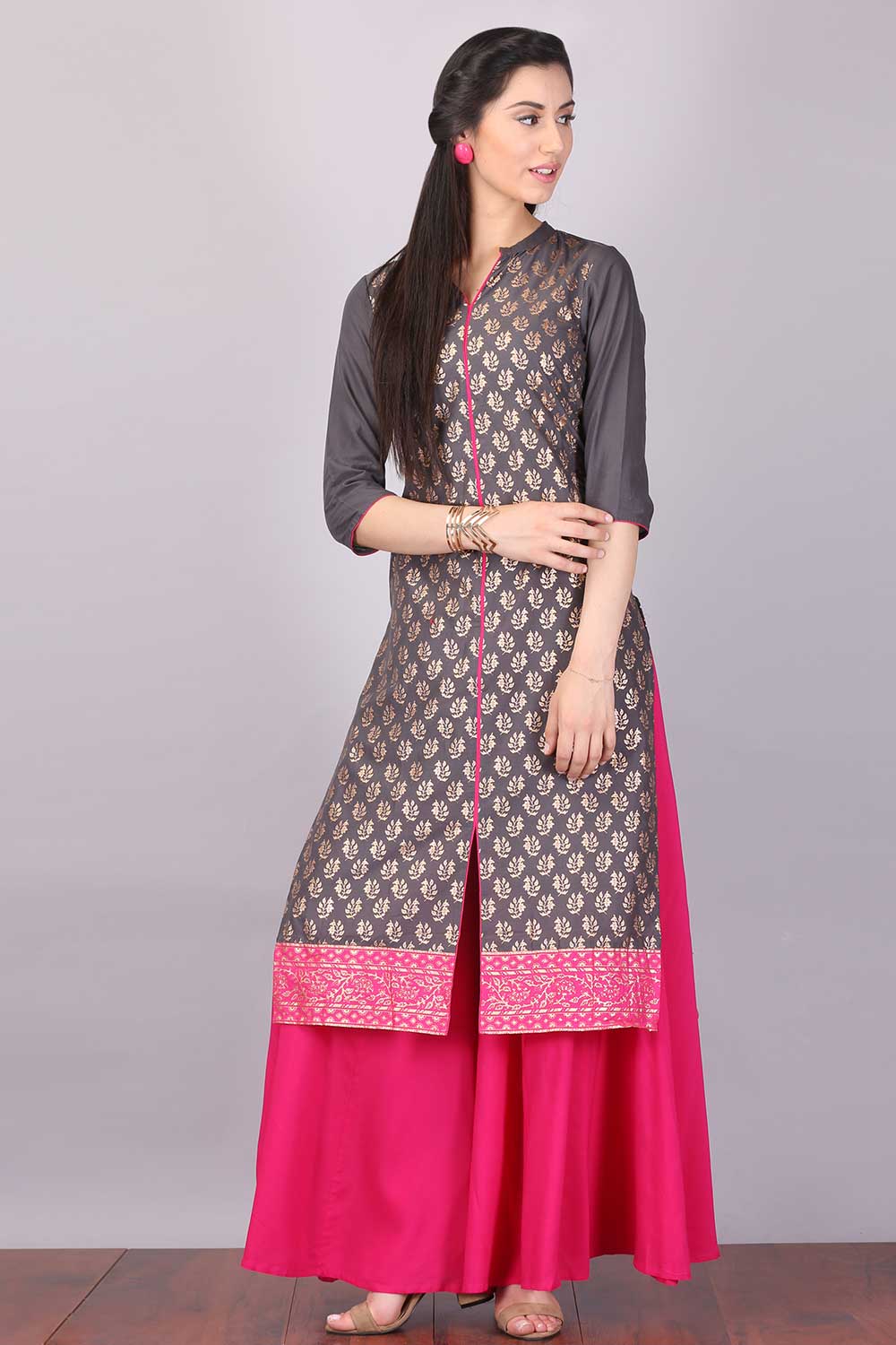 Grey Mandarin Neck Printed kurta