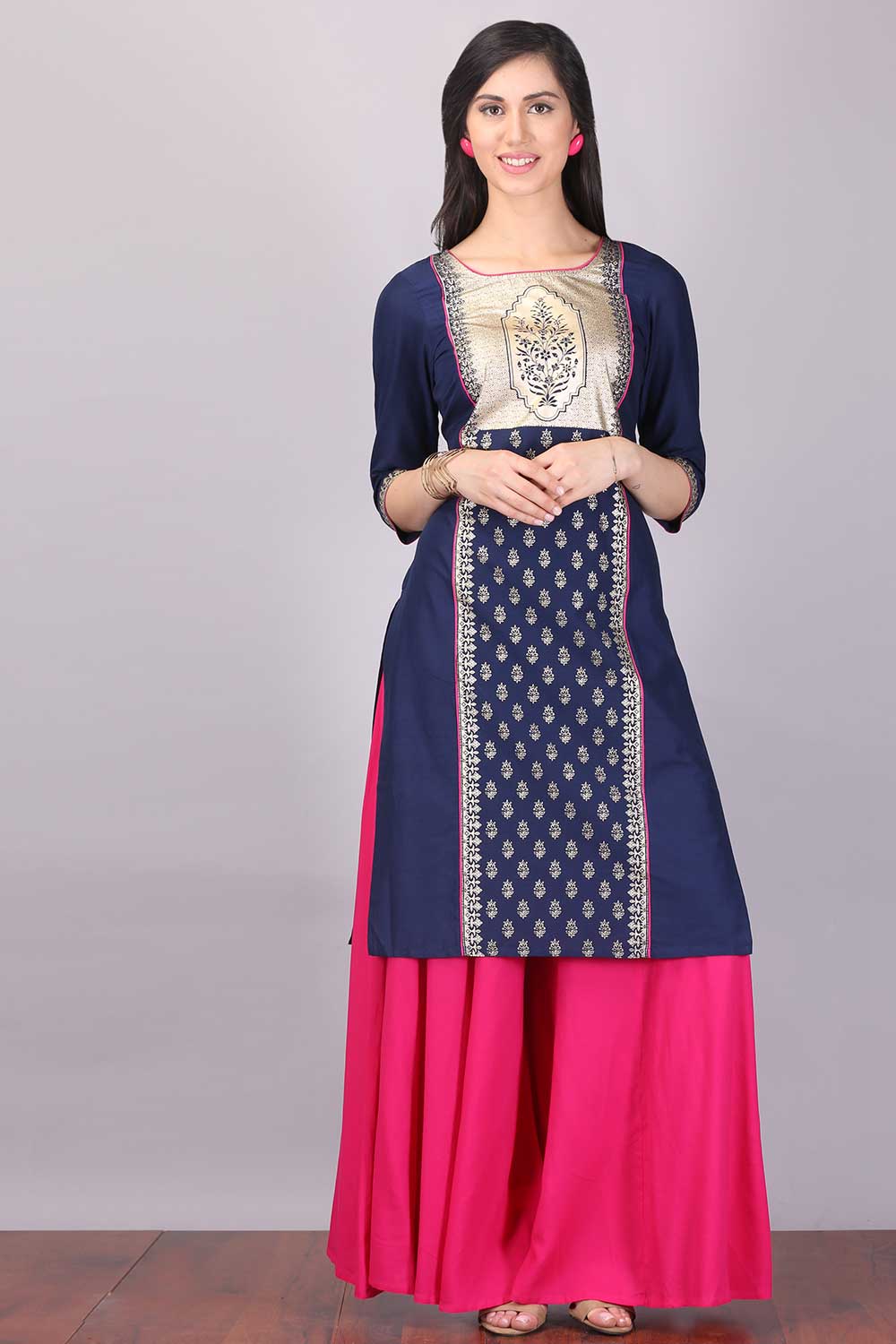 Navy Blue Square Neck Printed kurta