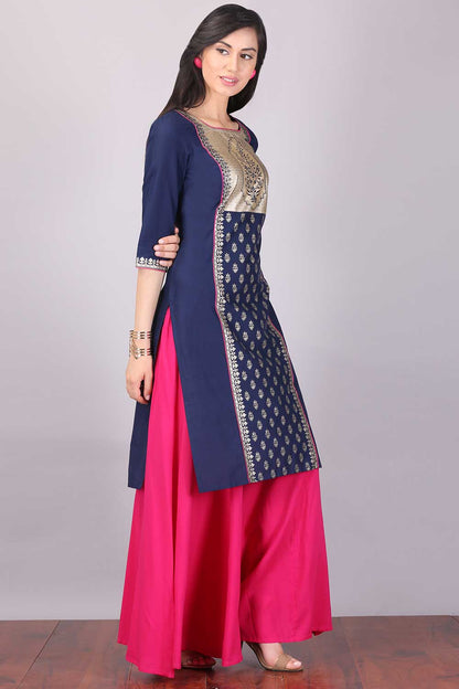 Navy Blue Square Neck Printed kurta