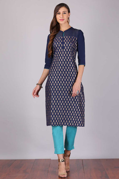 Navy Blue Mandarin Neck Printed kurta