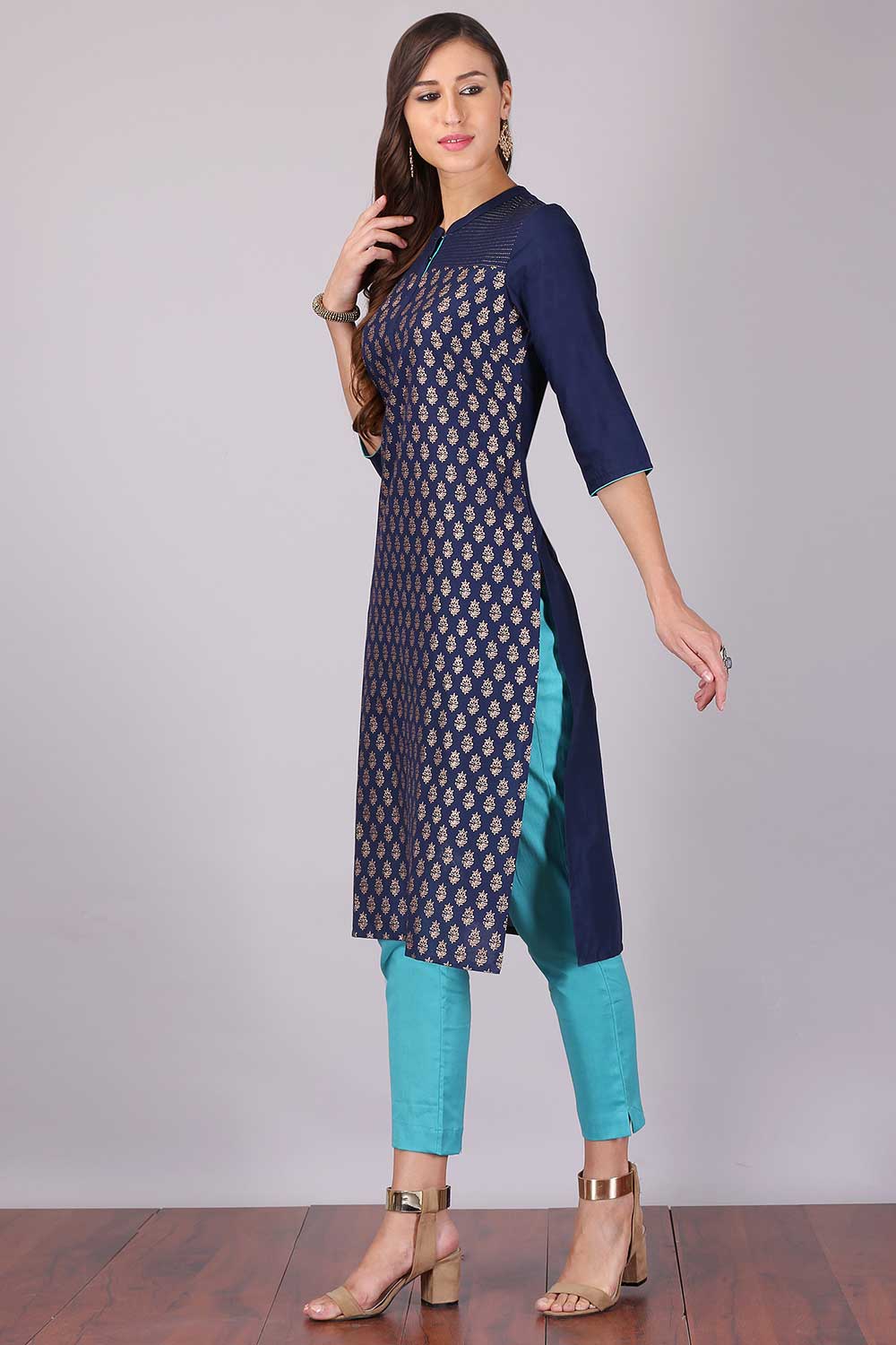 Navy Blue Mandarin Neck Printed kurta