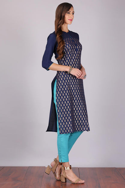 Navy Blue Mandarin Neck Printed kurta