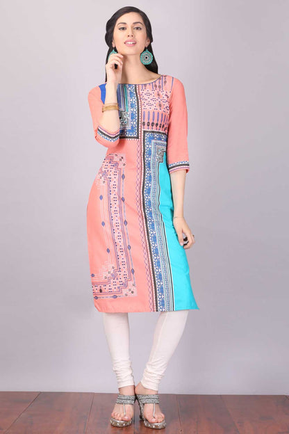 Peach Printed Round Neck kurta