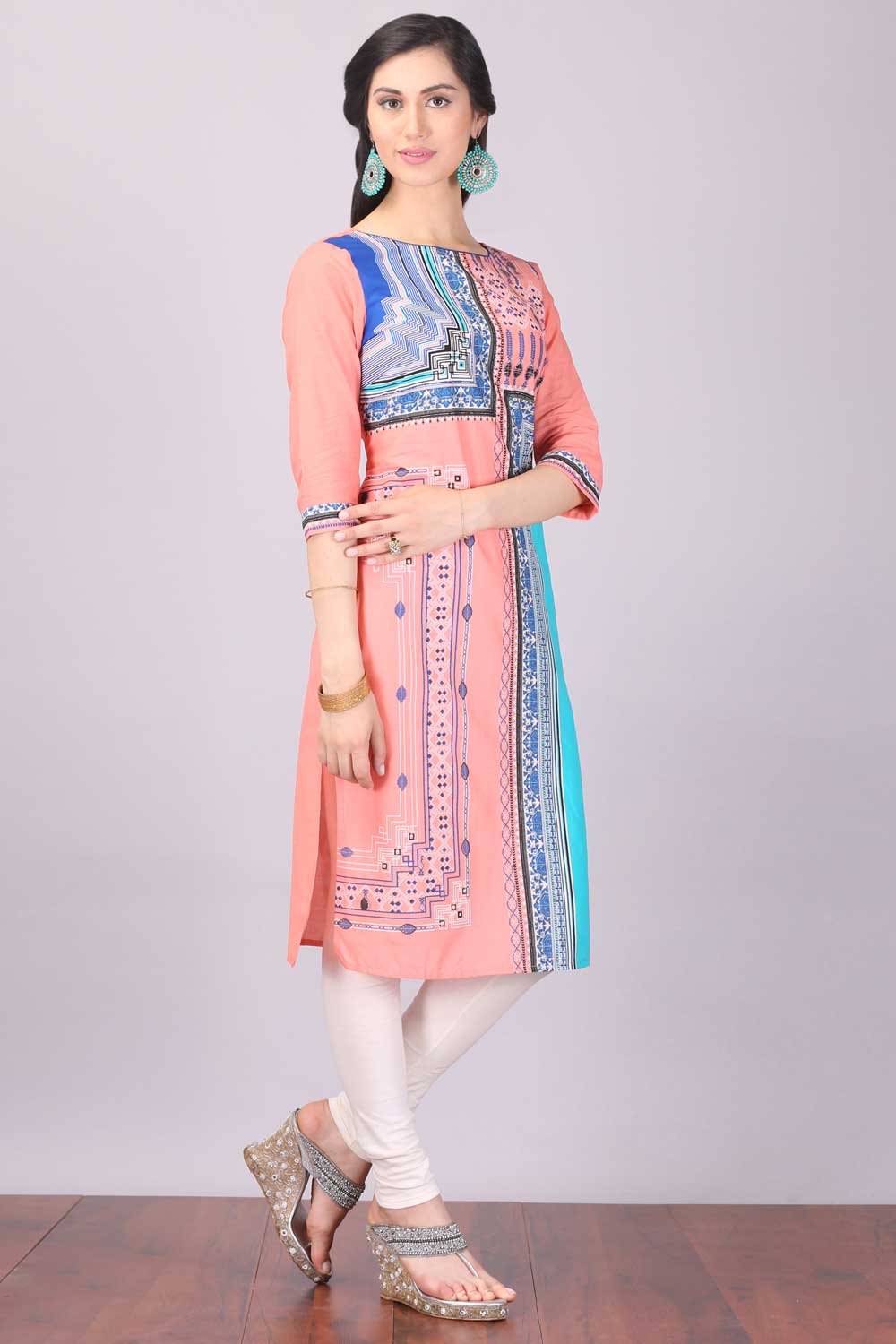 Peach Printed Round Neck kurta