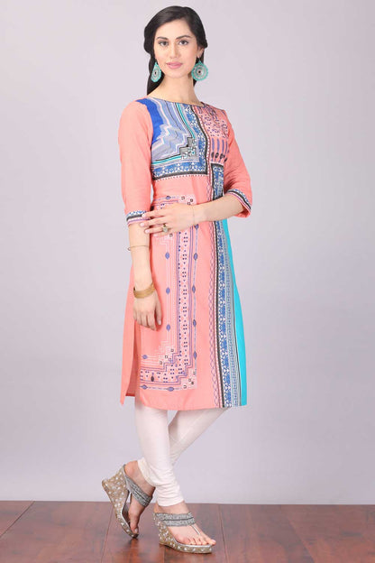 Peach Printed Round Neck kurta