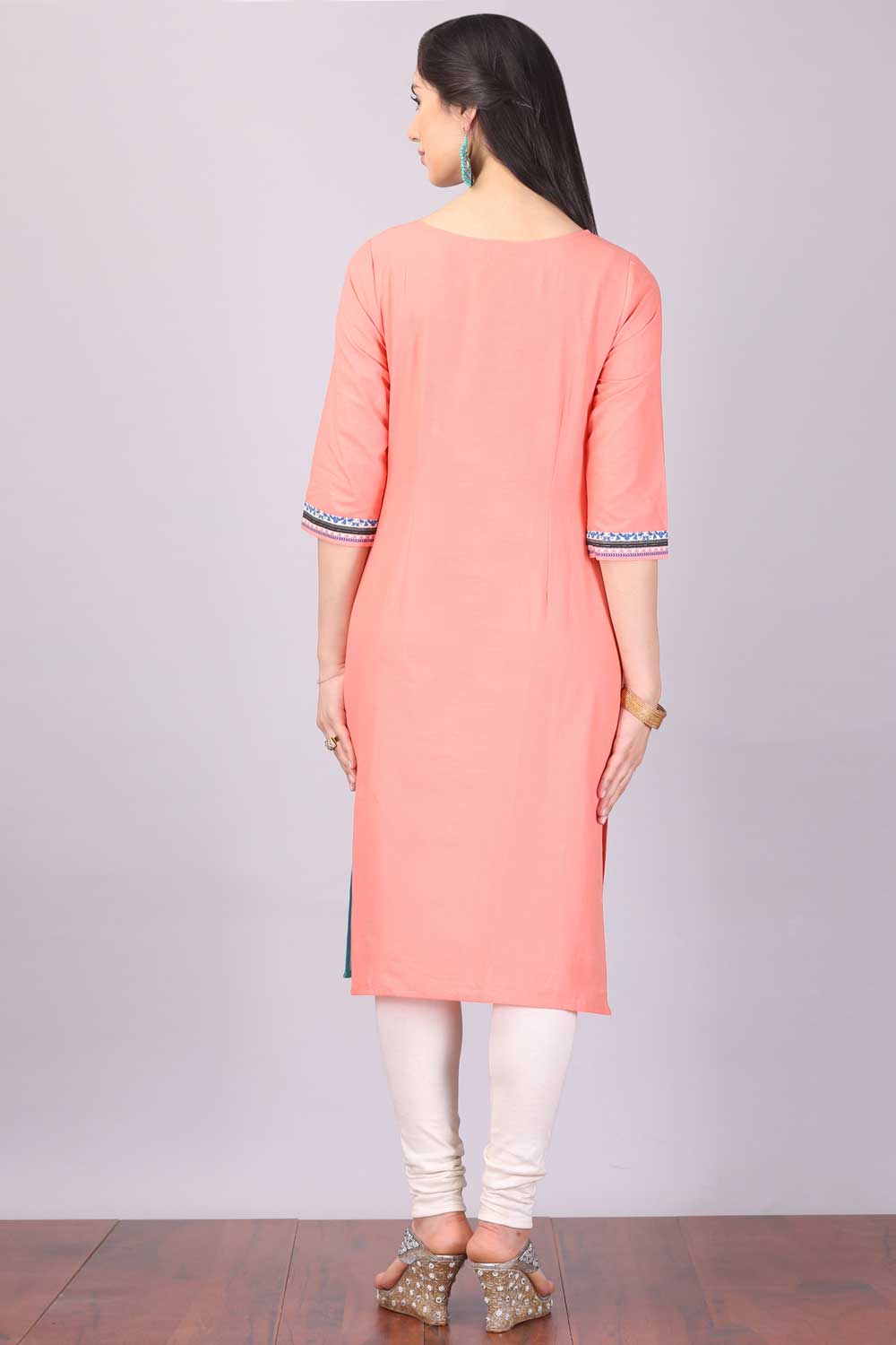 Peach Printed Round Neck kurta