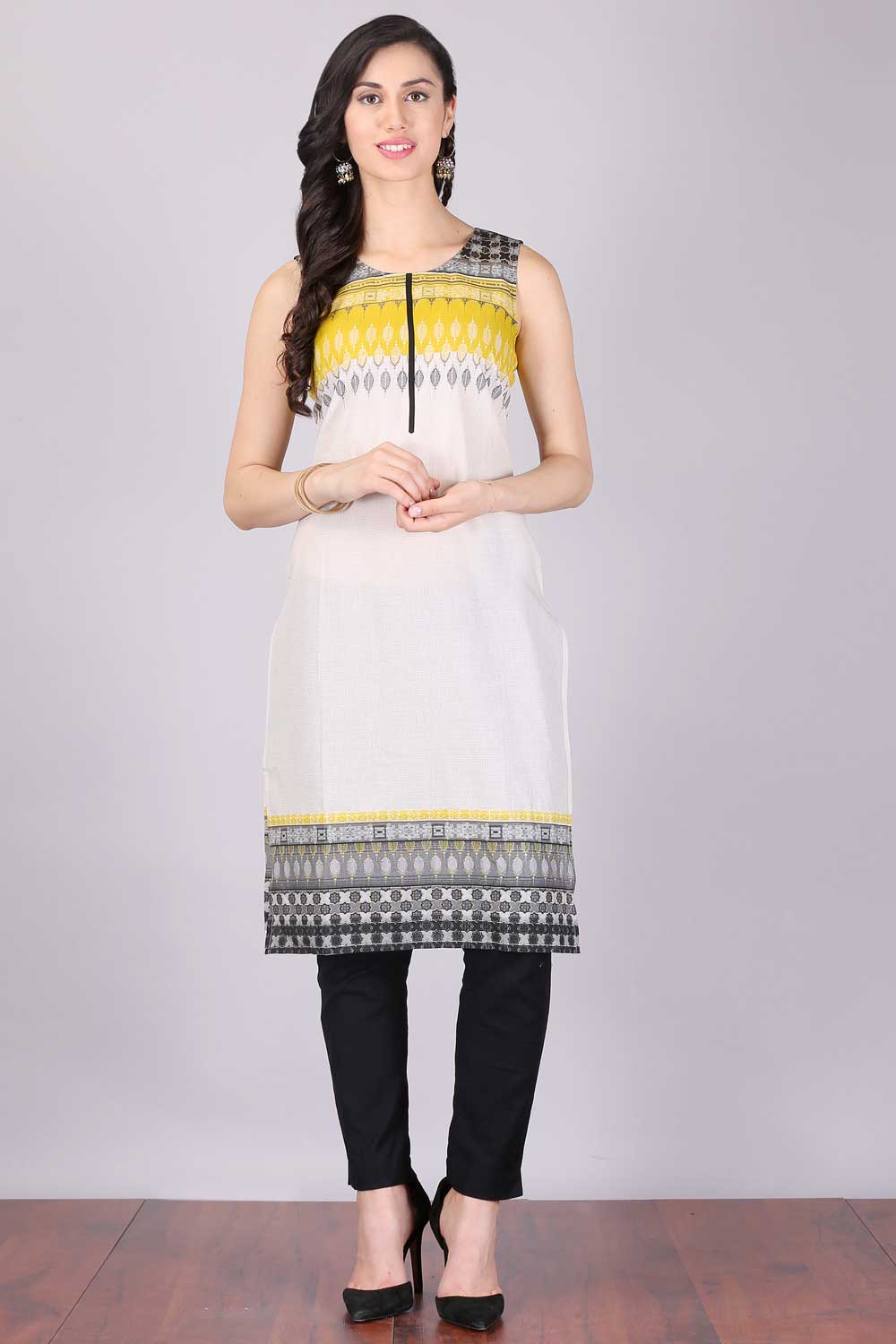 Yellow Printed Sleeveless kurta