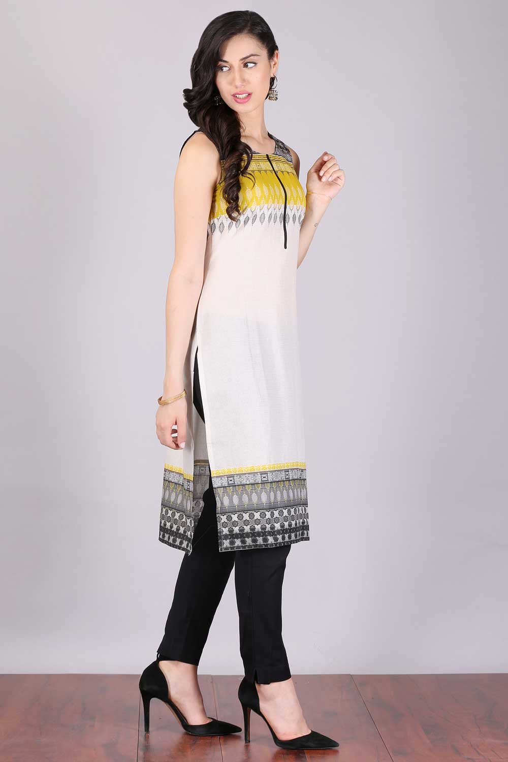 Yellow Printed Sleeveless kurta