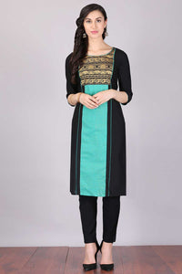 Black &amp; Aqua Green Colorblocked Printed kurta