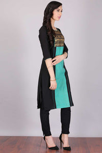 Black &amp; Aqua Green Colorblocked Printed kurta