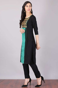 Black &amp; Aqua Green Colorblocked Printed kurta