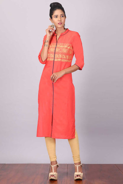 Peach Printed Mandarin Neck kurta