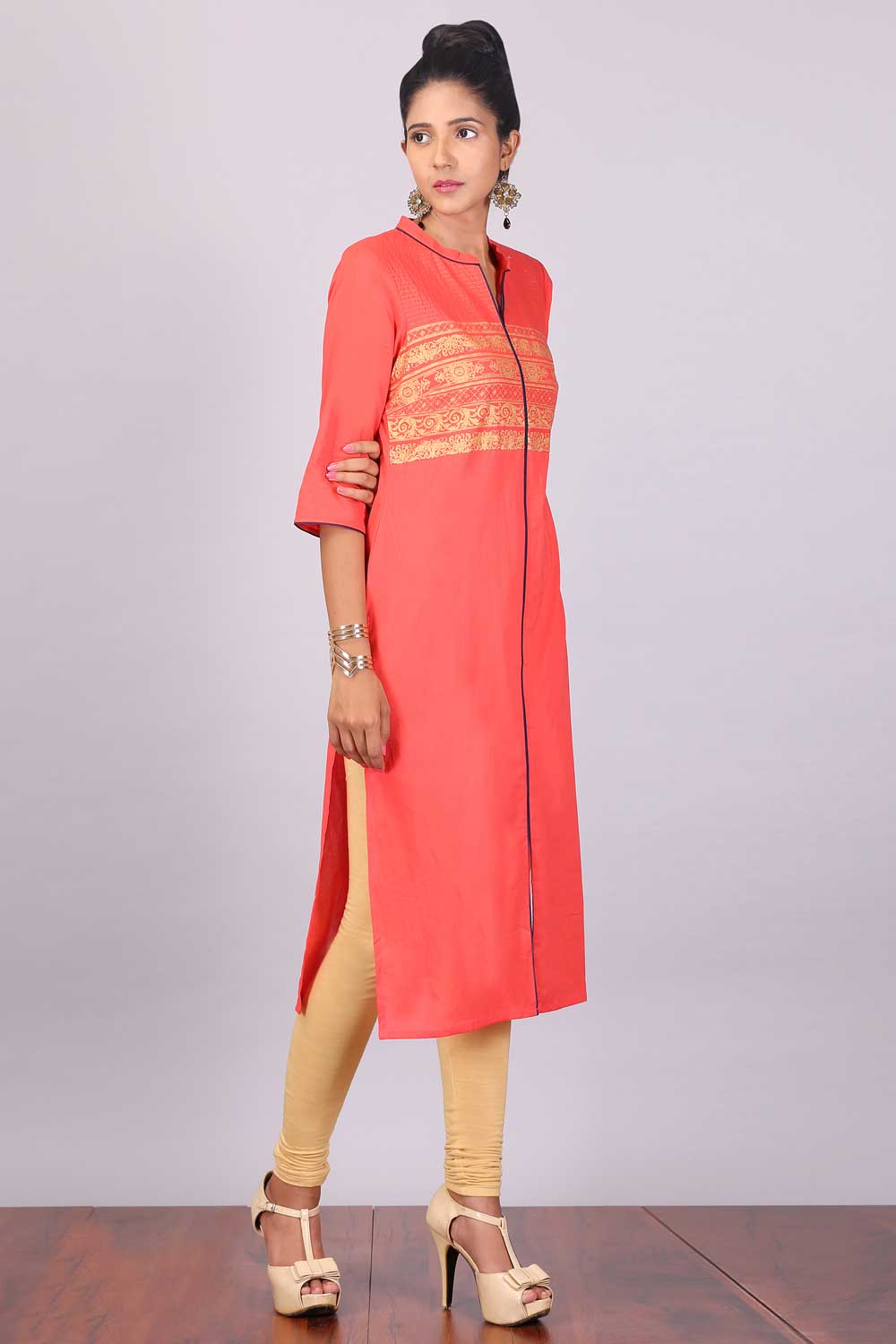 Peach Printed Mandarin Neck kurta