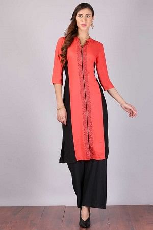 Coral Red &amp; Black Colorblocked Printed kurta