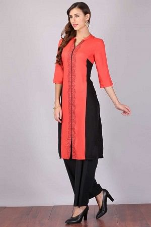 Coral Red &amp; Black Colorblocked Printed kurta