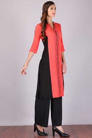 Coral Red &amp; Black Colorblocked Printed kurta