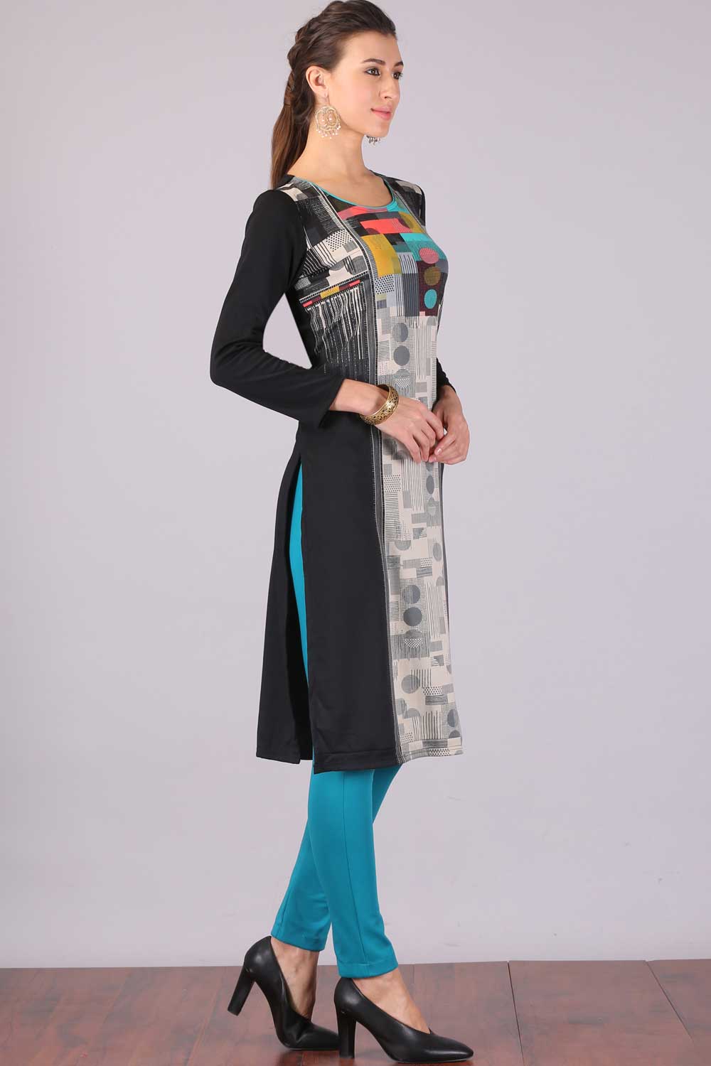 Black Printed Round Neck Winter kurta