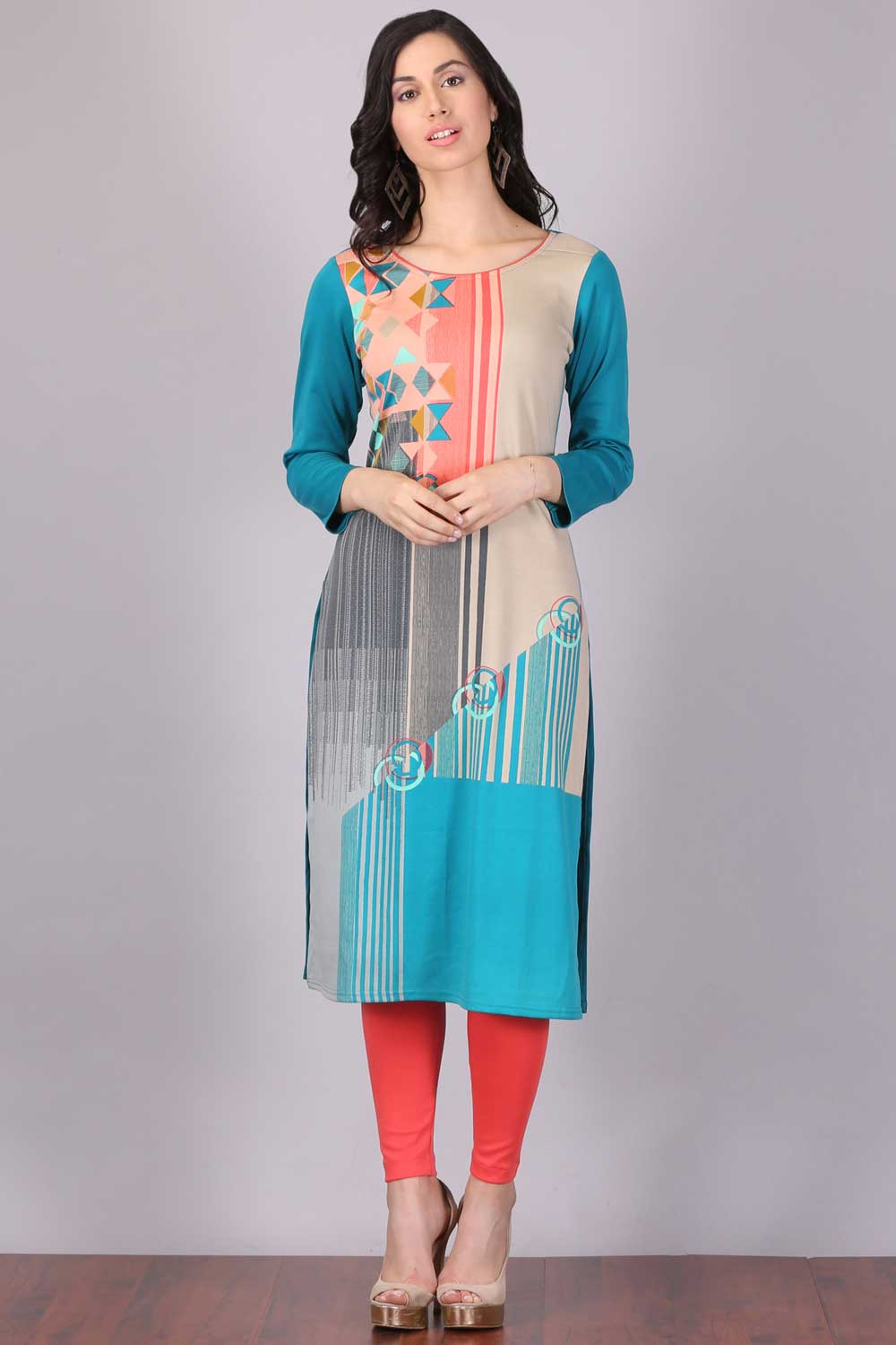 Blue Printed Round Neck Winter kurta - XS