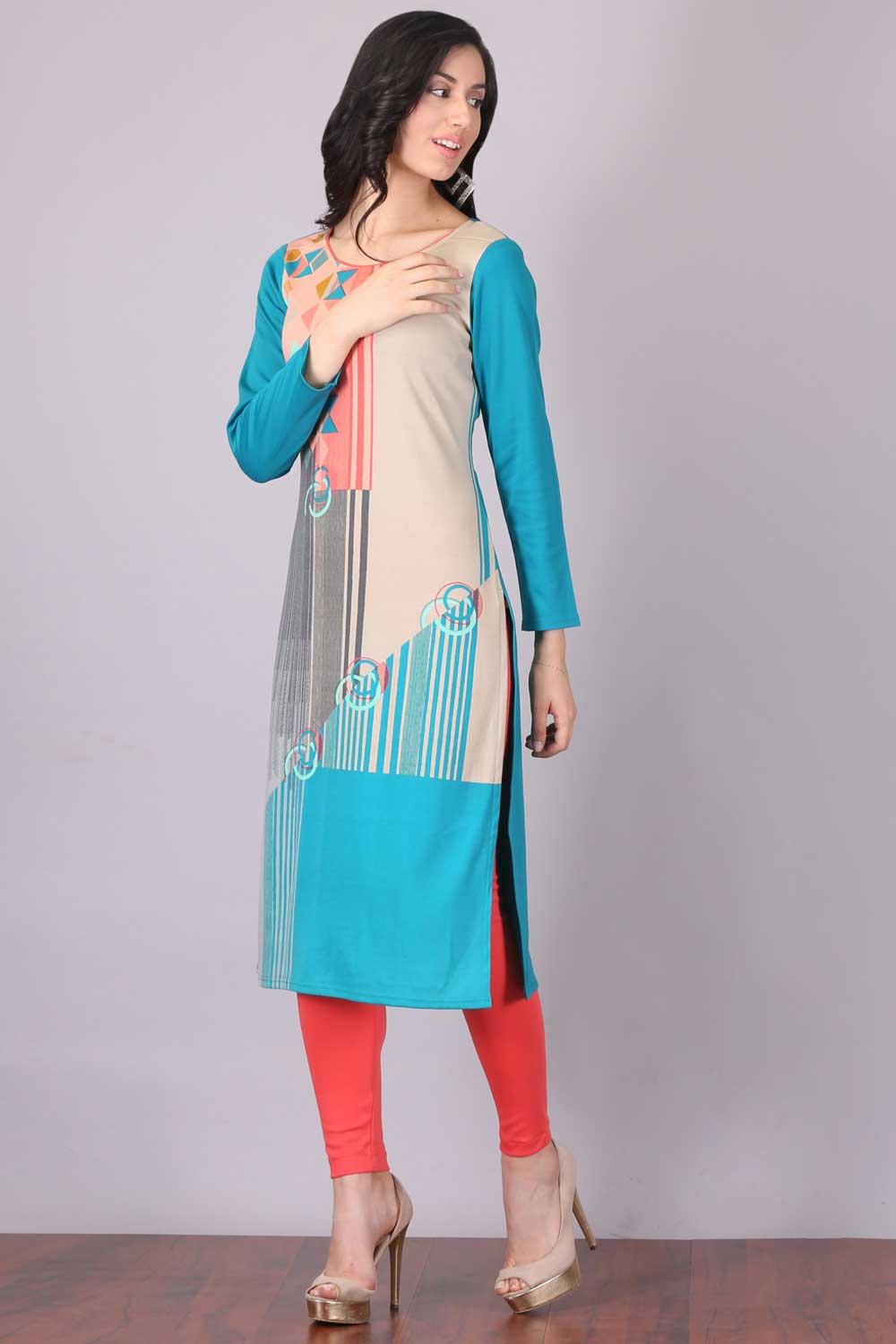 Blue Printed Round Neck Winter kurta