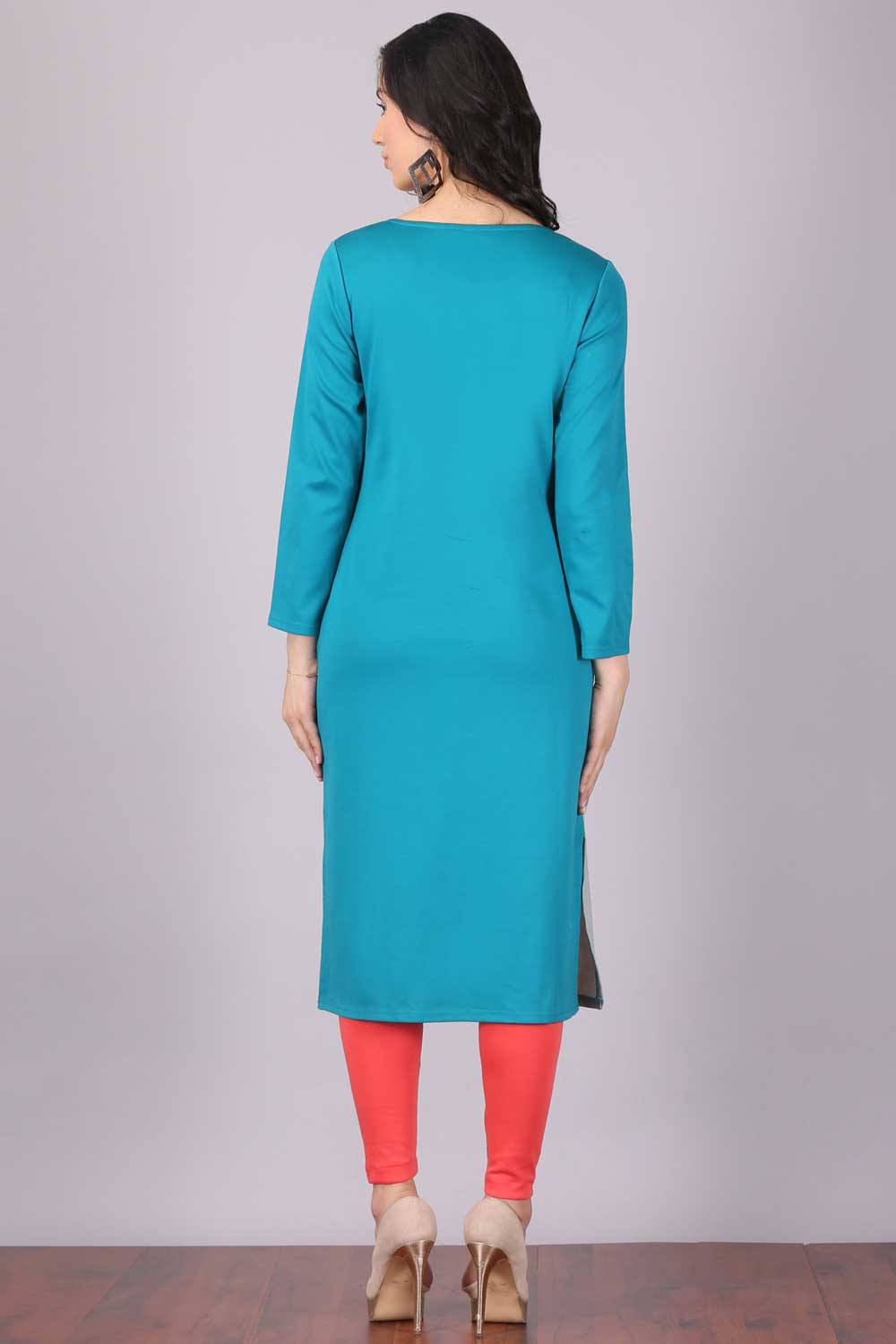 Blue Printed Round Neck Winter kurta