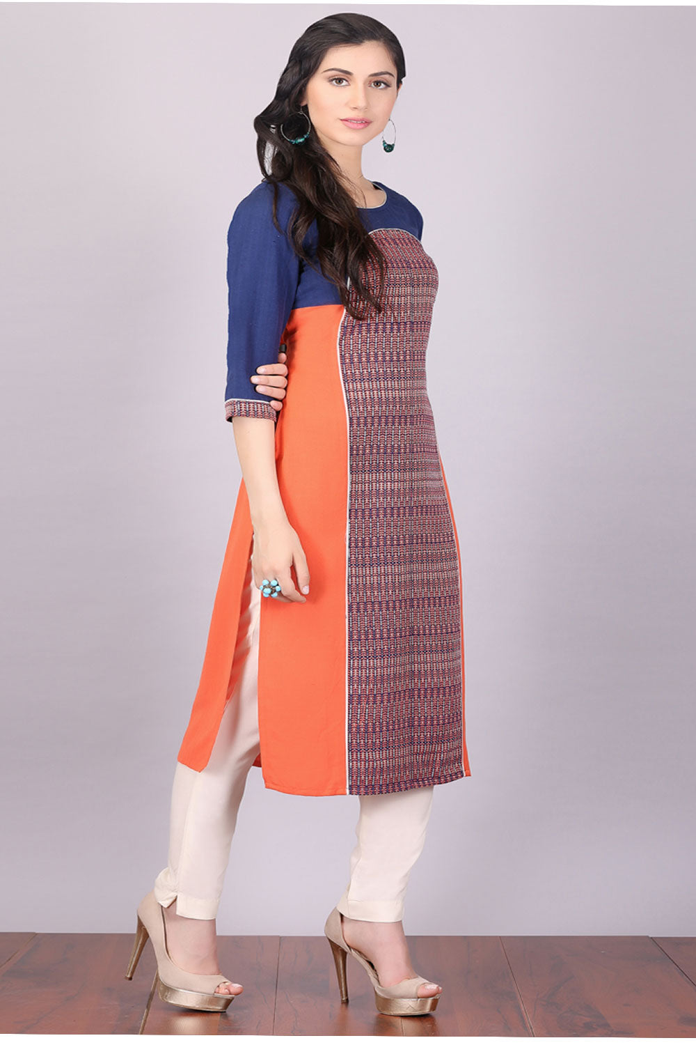 Orange 3/4 Sleeves Round Neck kurta