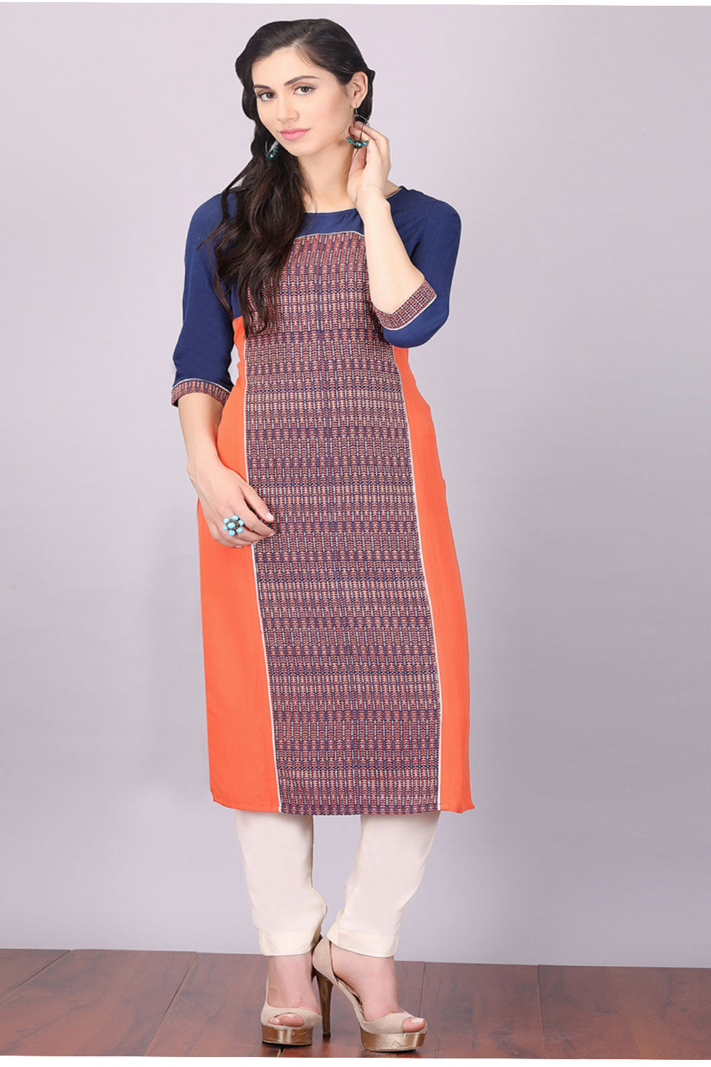 Orange 3/4 Sleeves Round Neck kurta