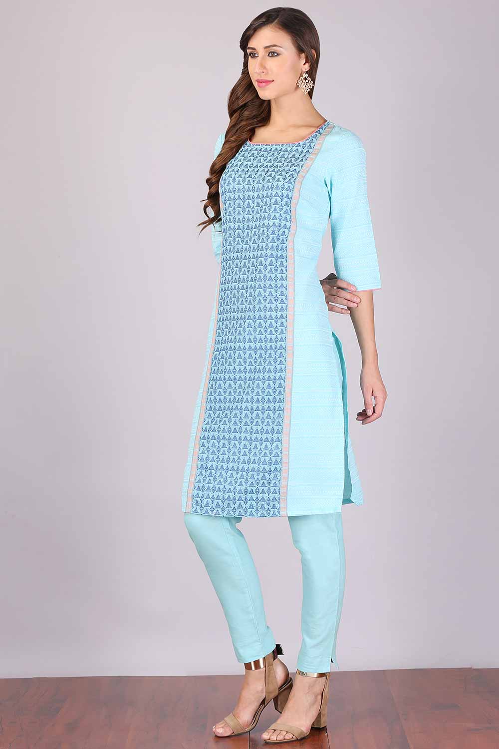 Sky Blue Round Neck Printed kurta