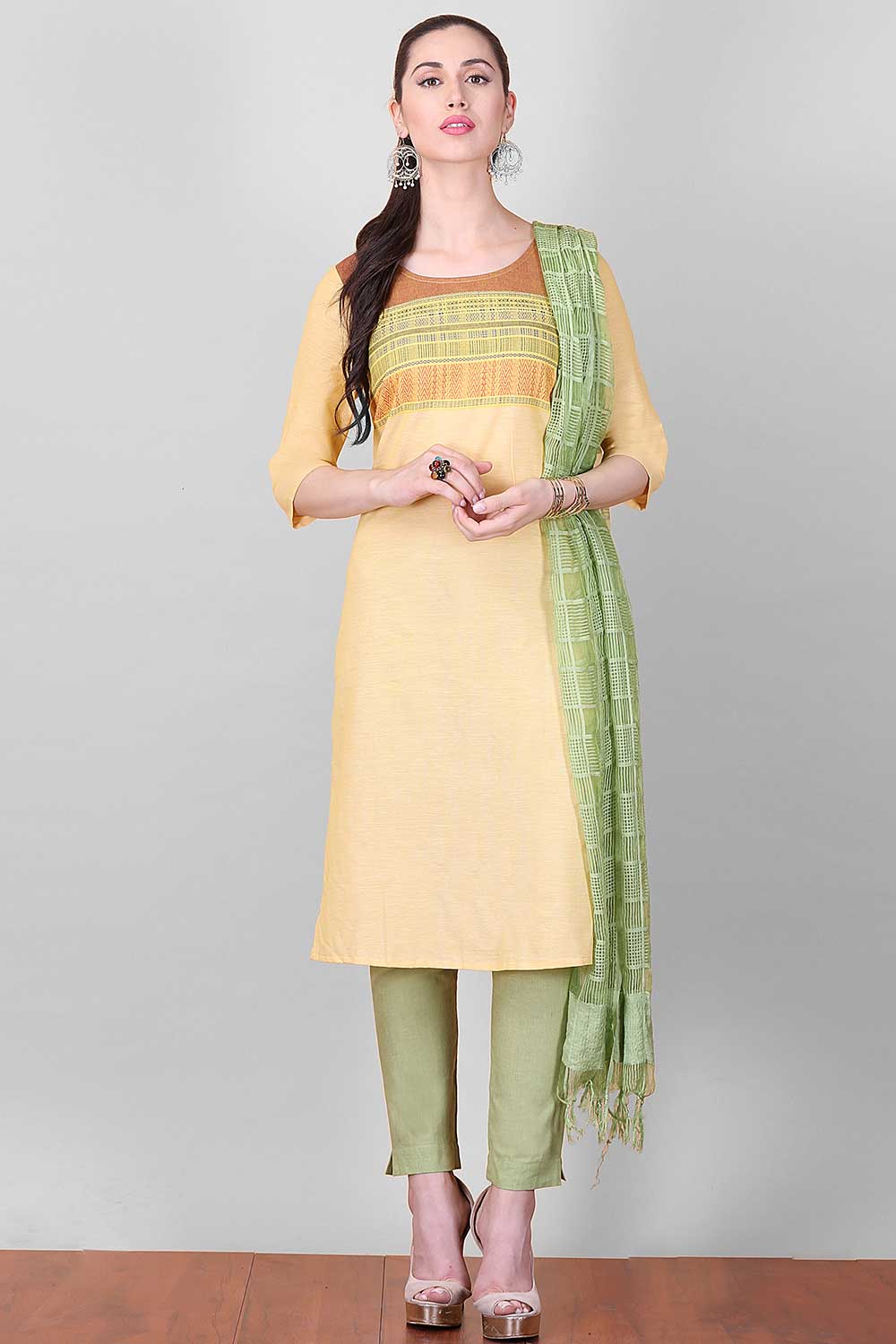 Yellow Round Neck Printed kurta