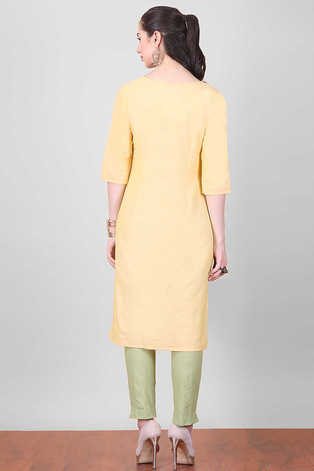 Yellow Round Neck Printed kurta