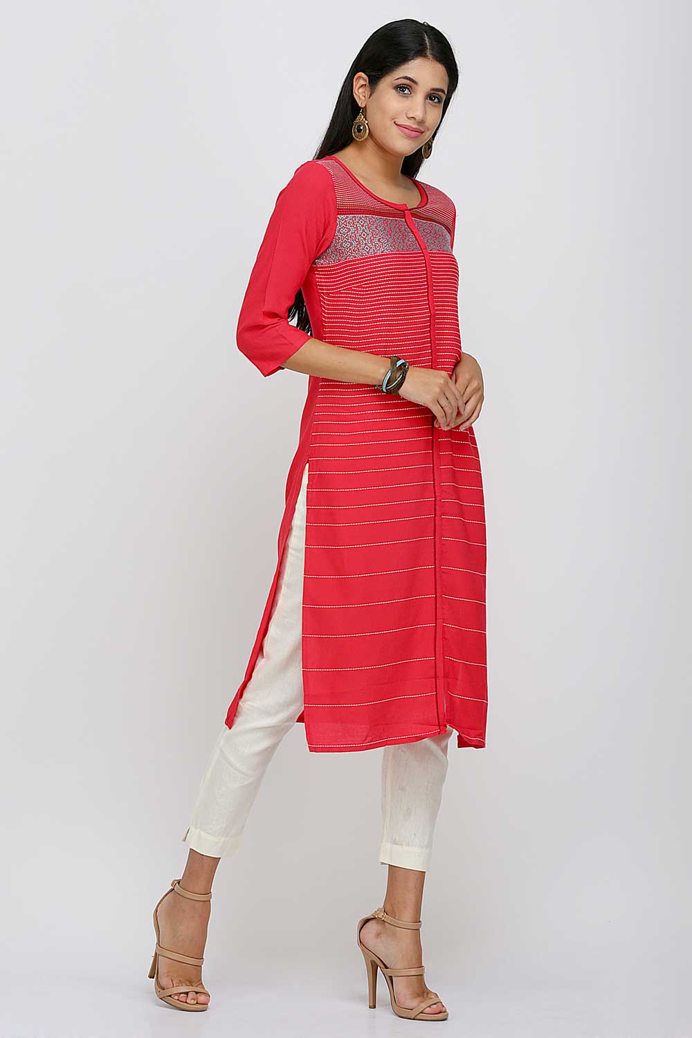 Red Striped Round Neck kurta