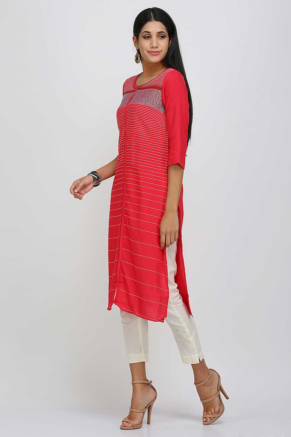 Red Striped Round Neck kurta